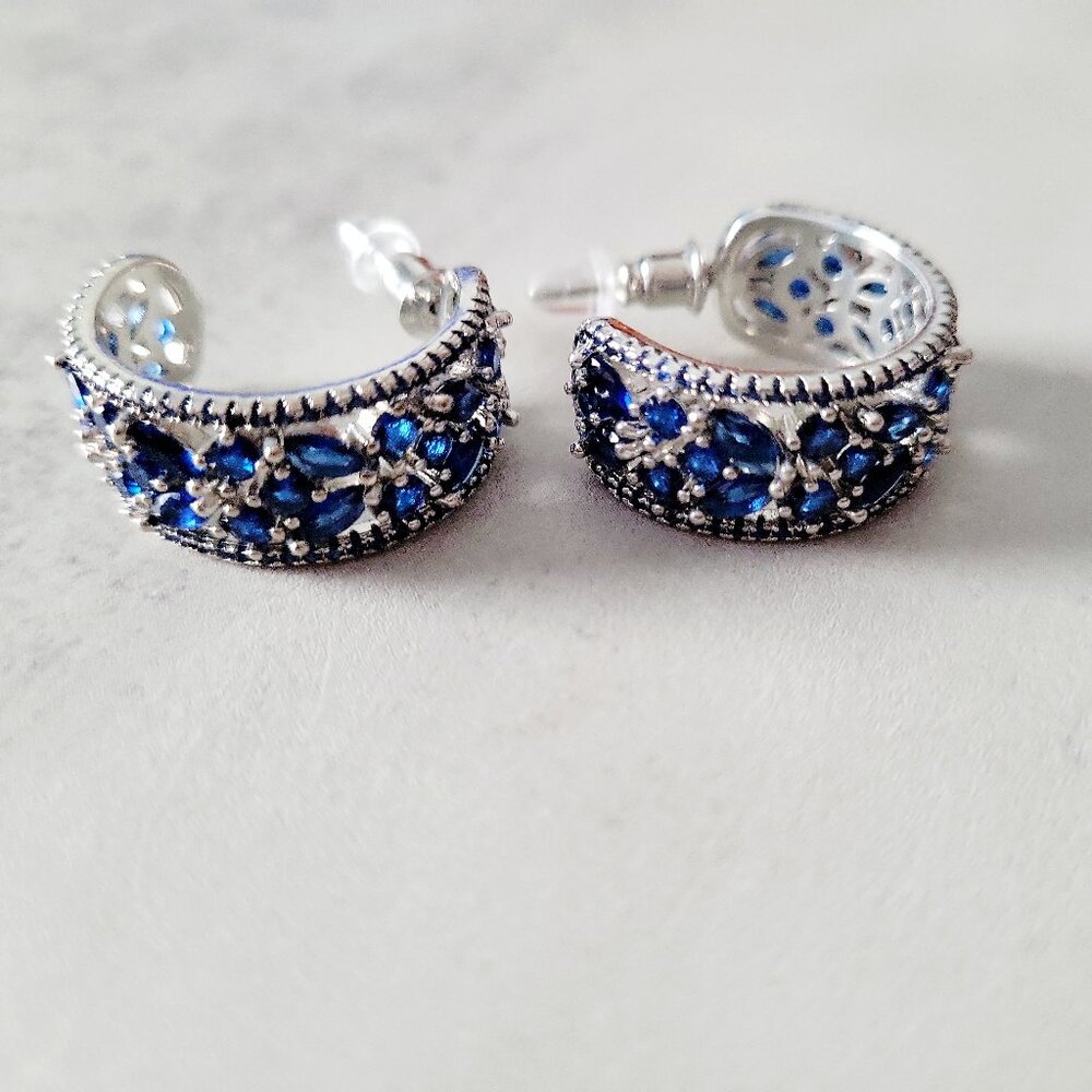 Beautiful C Shaped Hoop Earrings Jewelry w/Embellished Blue Crystals - Picture 2 of 3